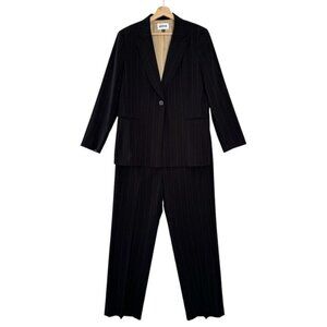 90s Kasper Black w/ Tan Wide Stripe Straight Leg Pants Suit Size 14